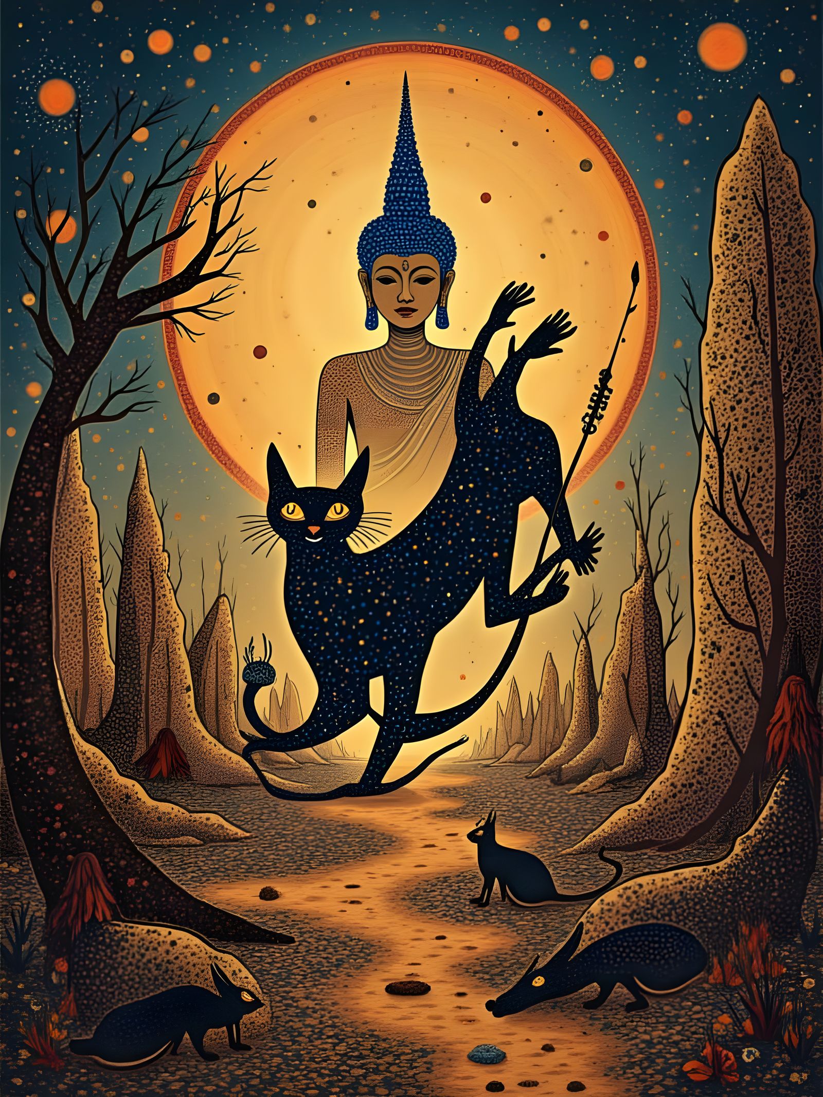 Hieroglyphic Cat Chasing Rat in Surreal Buddha Scene