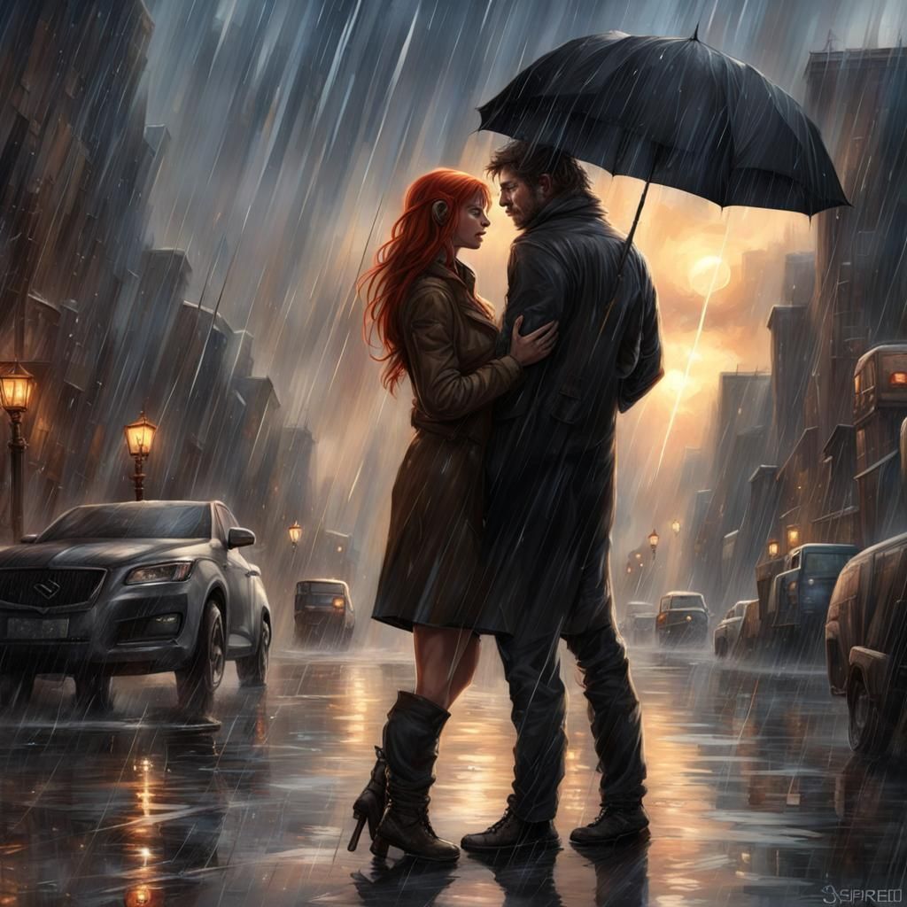 Romantic Rainy Meeting: Hyperreal Oil and Graffiti Art