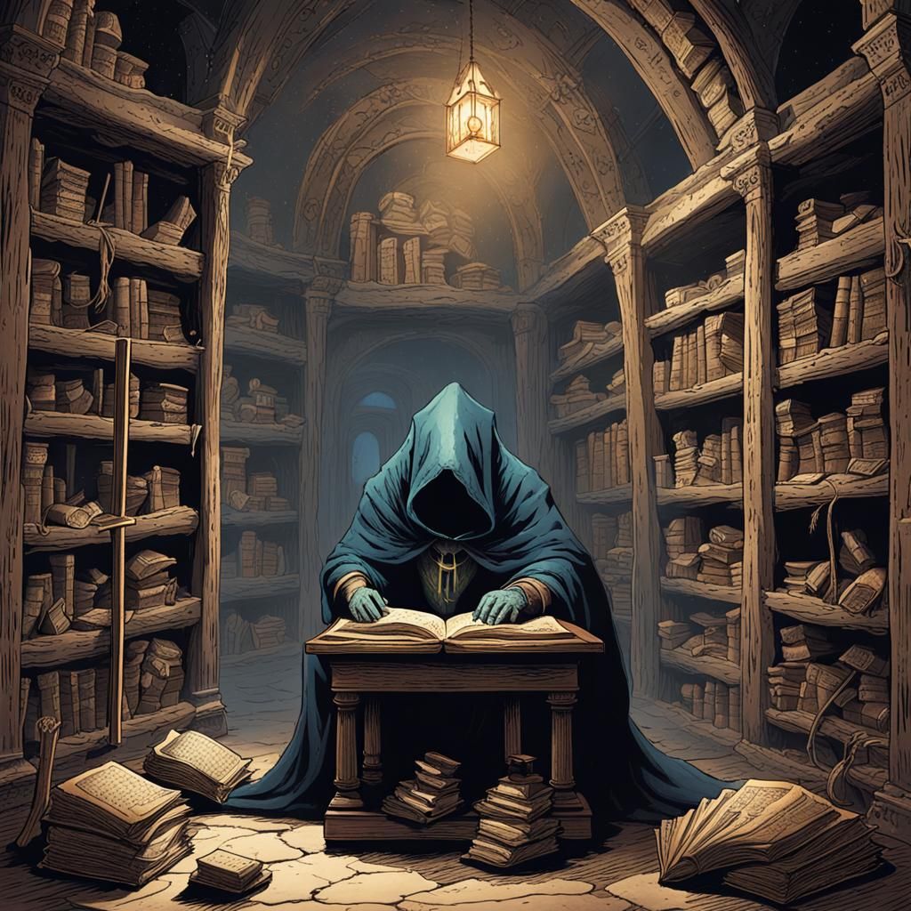 Sorcerer Studies Ancient Tome in Candlelit Chamber