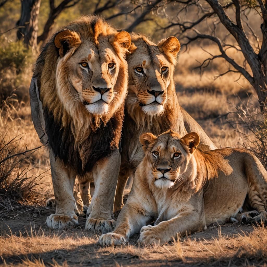 Majestic Lions: Golden Savannah Sunset in Hyperrealism
