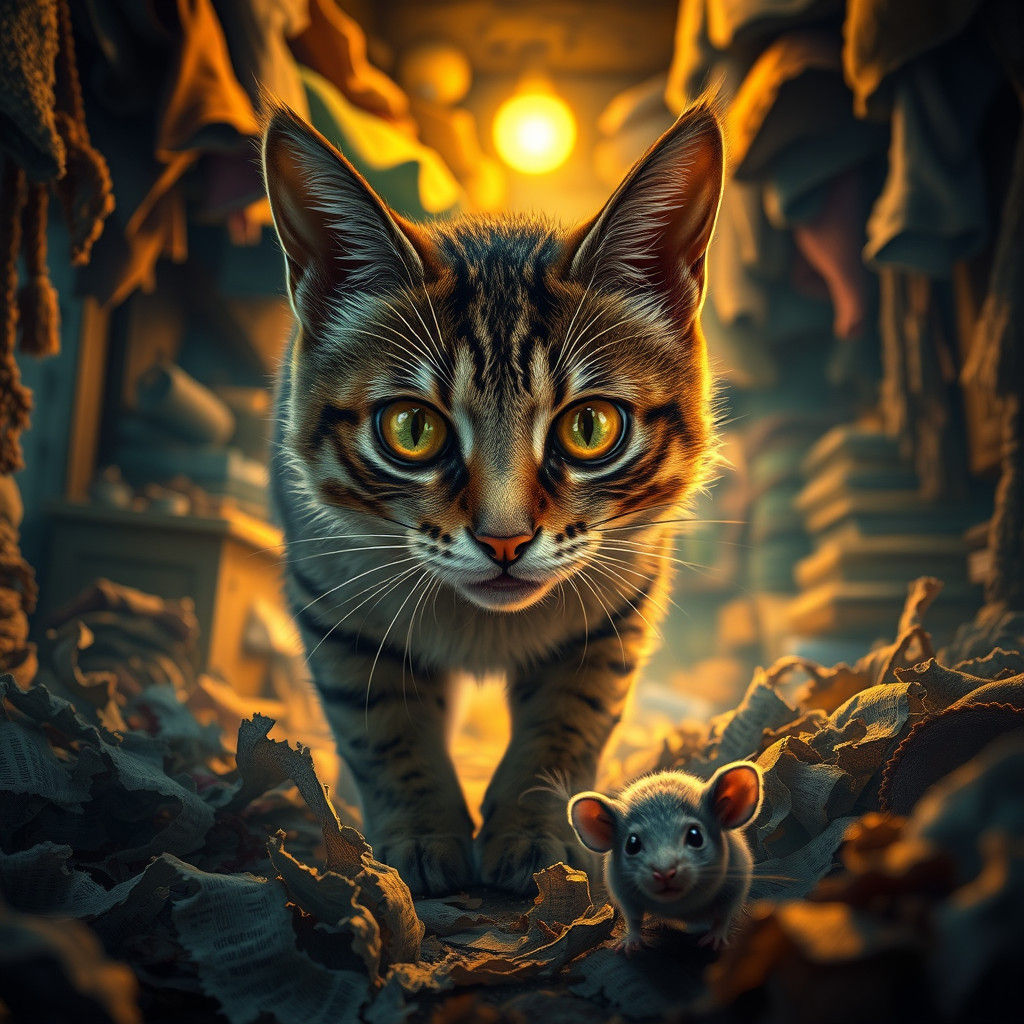Frightened Cat Rescues Mouse: Hyperrealistic Concept Art