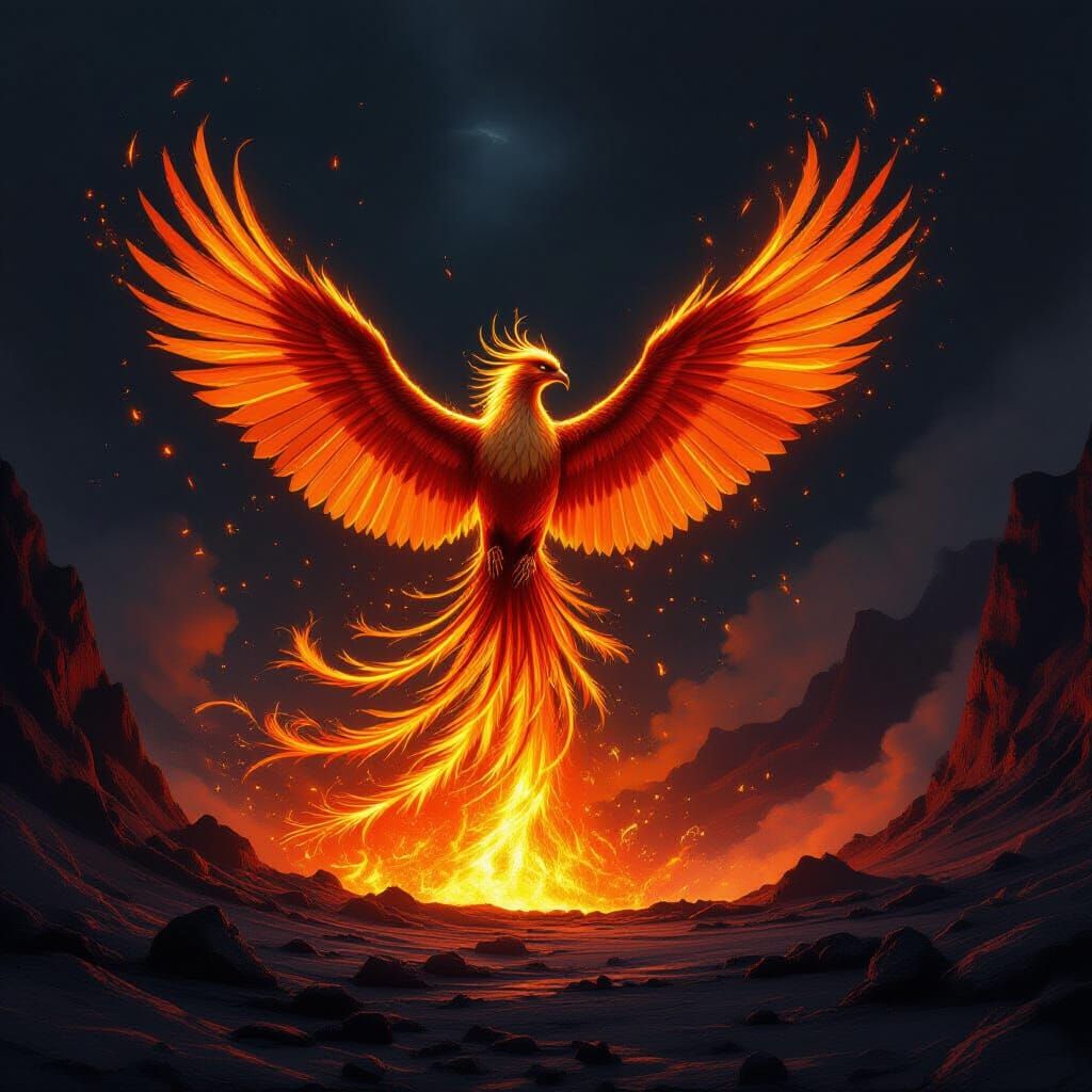 Phoenix Erupts From Volcano in Baroque Digital Painting