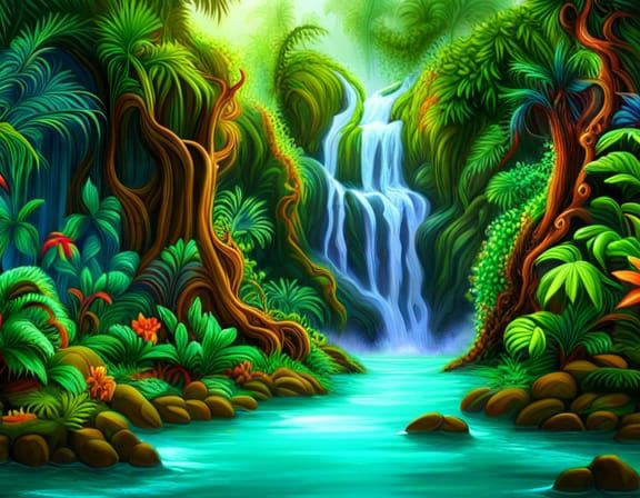 Enchanted Waterfall in Hyperdetailed Rainforest