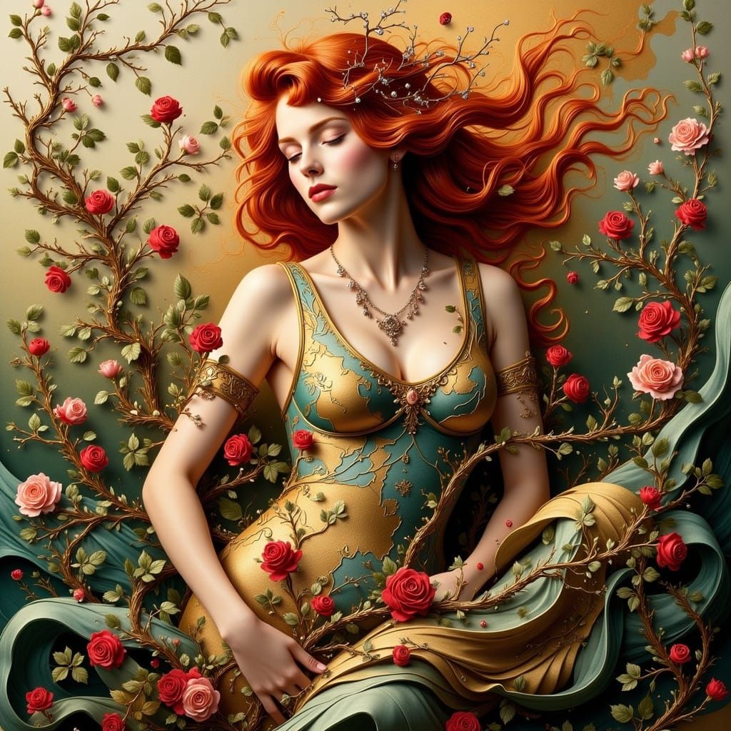 Hyperreal Redhead Bodyscape with Abstract Roses
