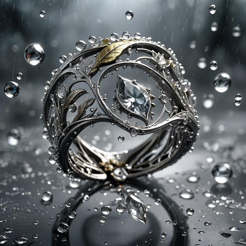 Elven Leaf Ring with Diamond Raindrops