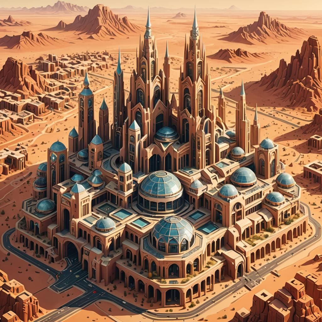 Isometric Futuristic City in Desert Landscape