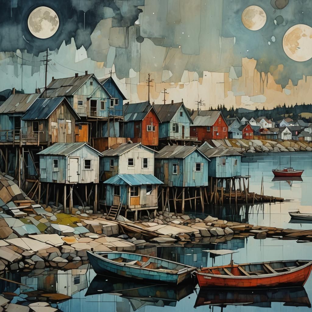 Weathered Shore Shacks in Alcohol Ink Style