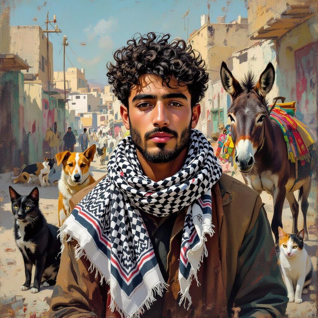 Man in Kaffiyeh with Animals, Frida Kahlo Style