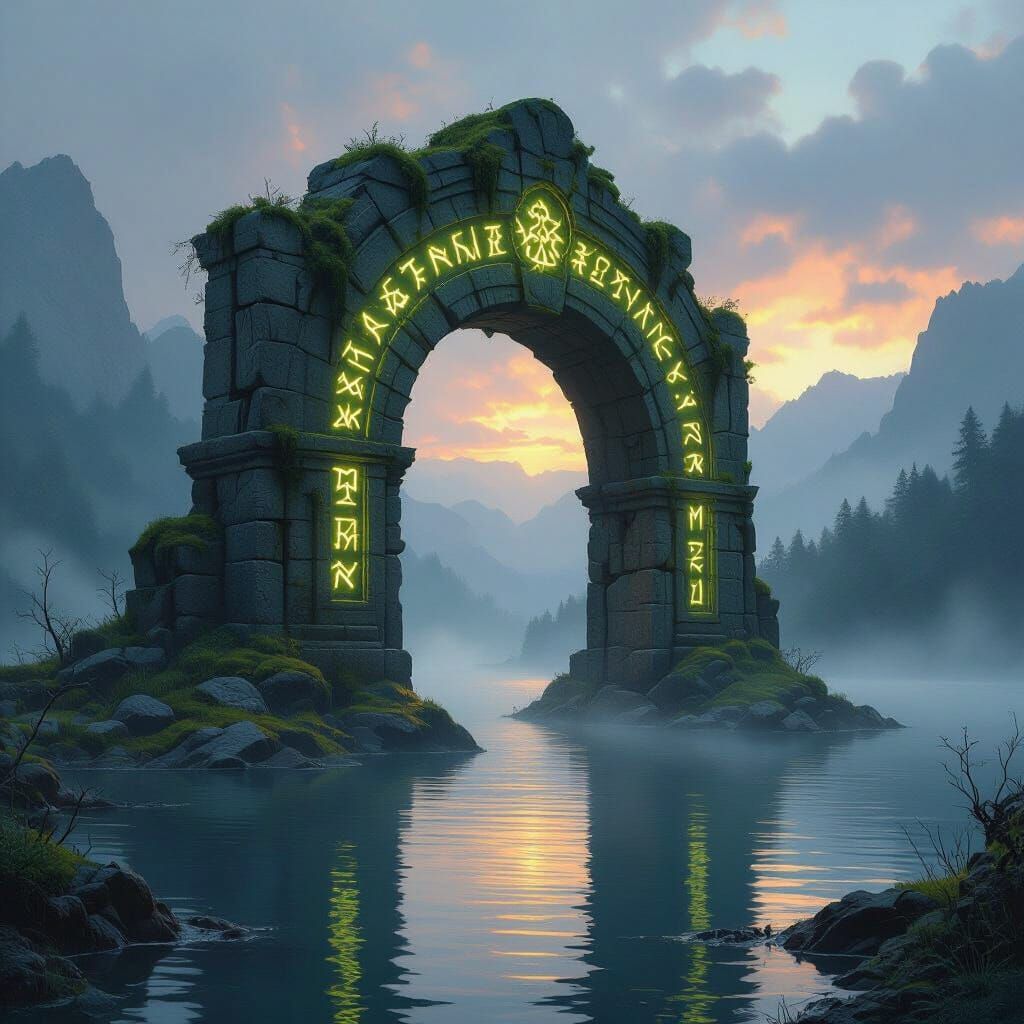 Mystical Stone Archway in Ethereal Lake