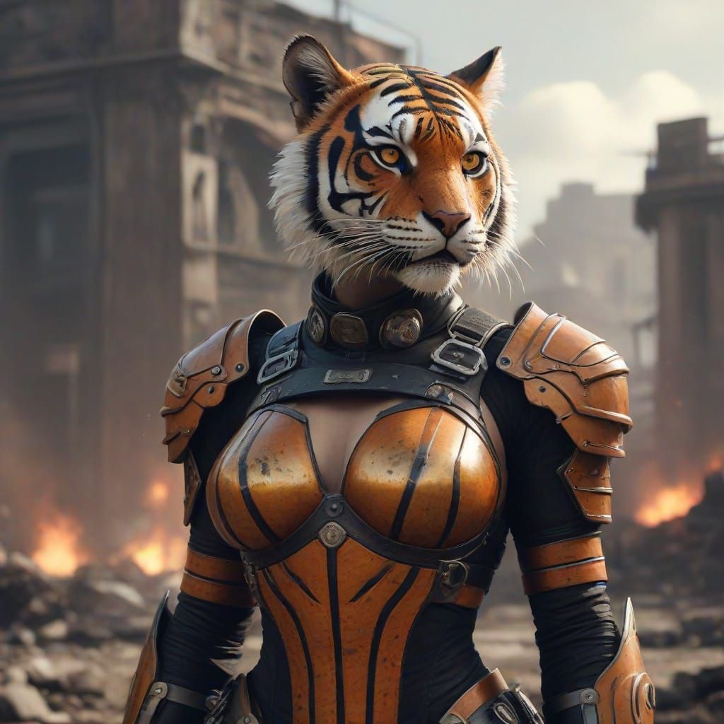 Dieselpunk Tiger Woman in War-Torn City: 4K Rendering