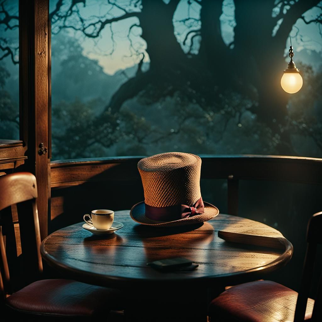 Victorian Mad Hatter's Hat on Cafe Table