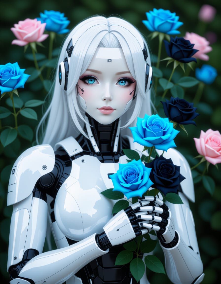 Humanoid Android Cultivates Blue and Black Roses