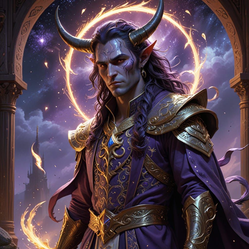 Ethereal Tiefling Cleric in Radiant Temple Attire