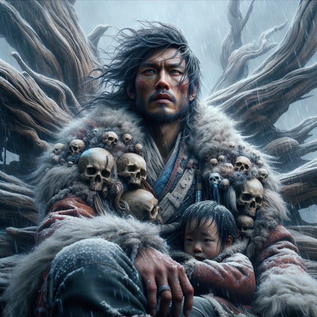 Fantasy King Cradles Child on Gnarly Throne