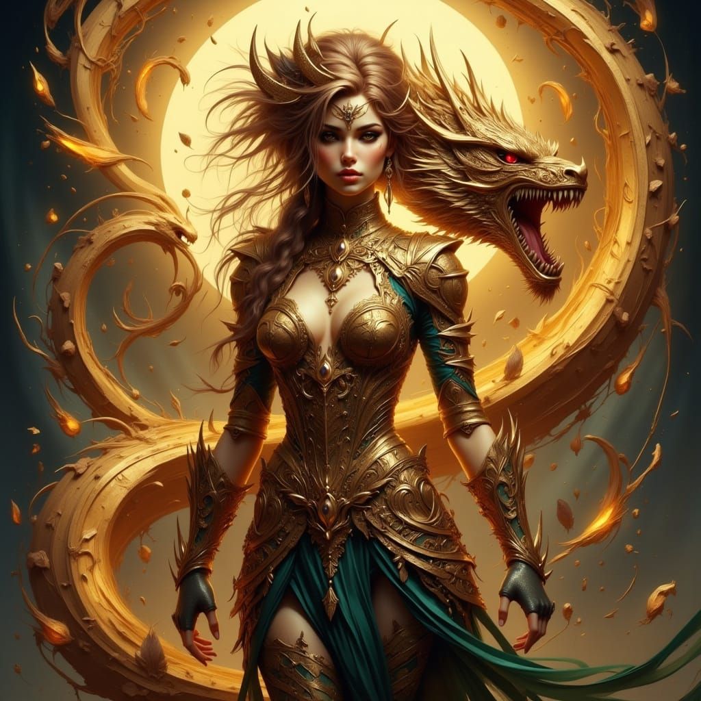 Golden Dragonborn Bard in Gothic Art Nouveau Punk Style