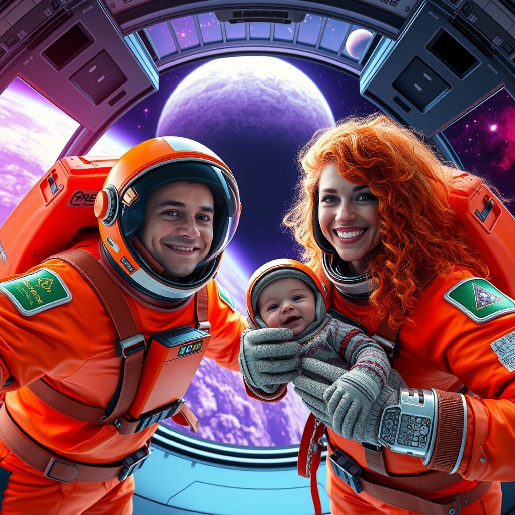 Astronauts in Shining Orange Suits Explore a Vibrant Purple ...