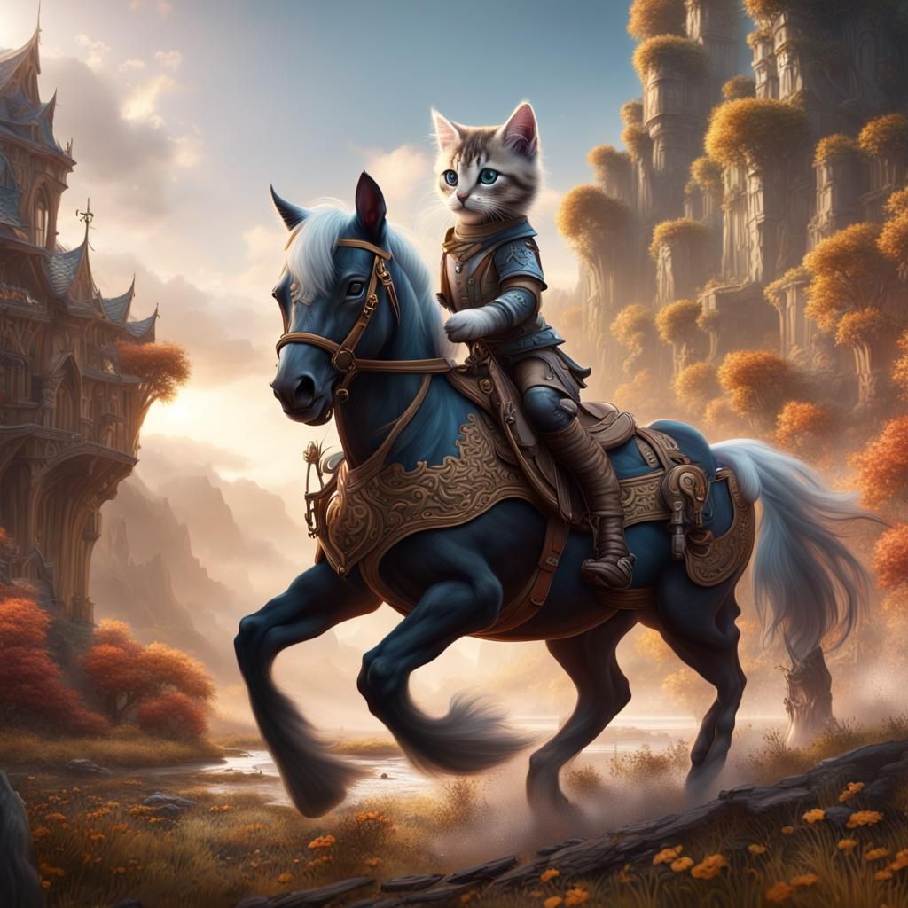 Kitten Rides a Horse: Detailed Fantasy Art