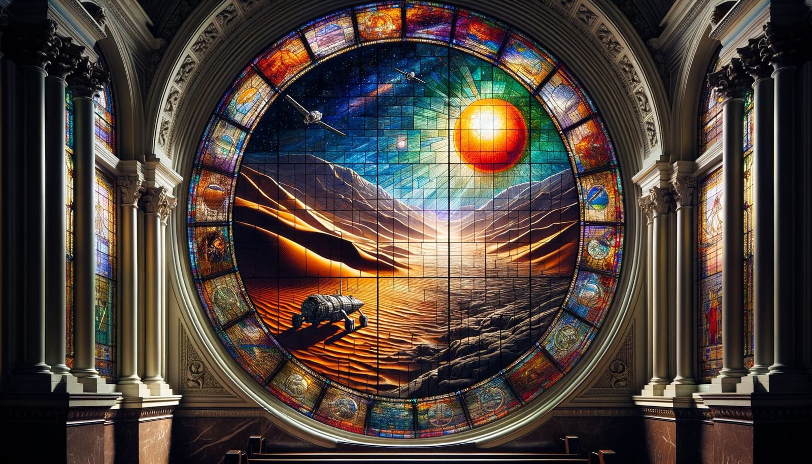 Stained Glass Window: Spacecraft Landing on Desert Planet