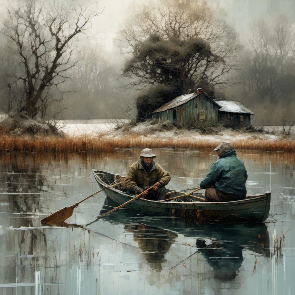 Fisherman on Snowy Lake: Elaborate Oil Painting