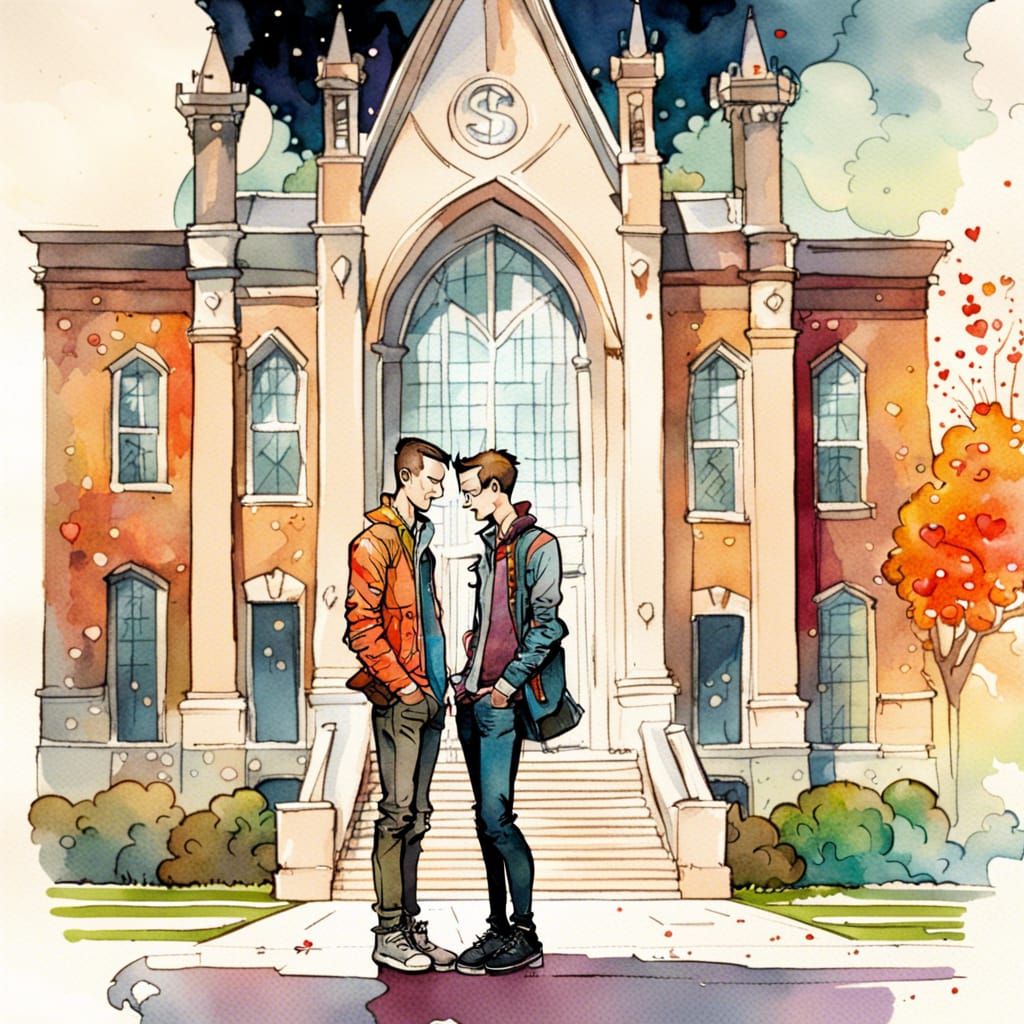 Happy Gay Couple, Watercolor Painting on College Campus