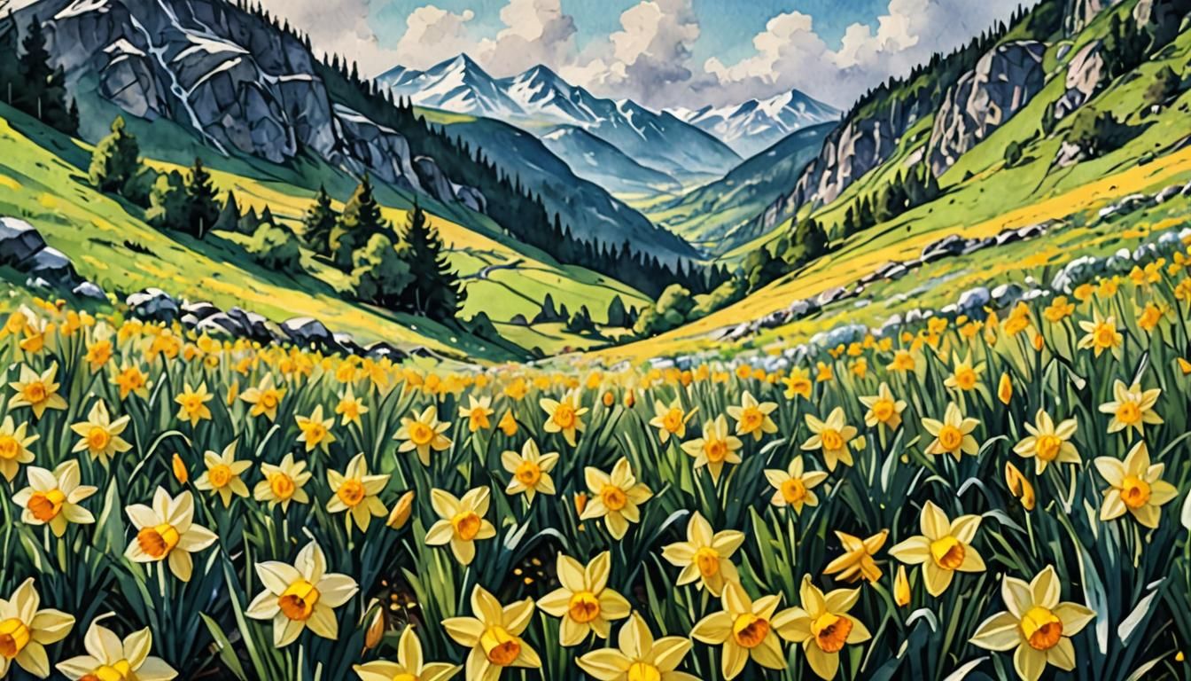 Spring Daffodils in Mountain Meadow Watercolor