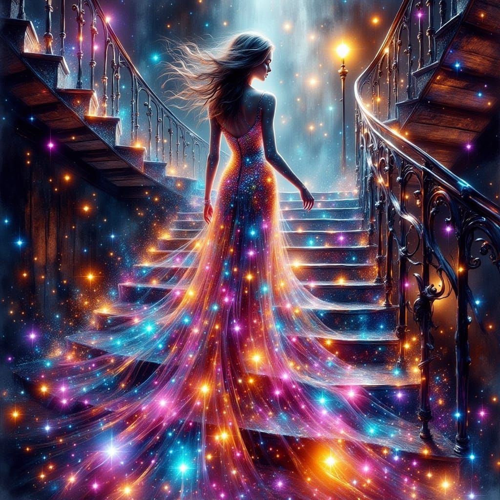 Ethereal Woman in Neon Noir Gown Ascending Stairs