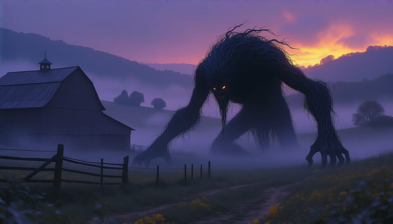 Black Creature Lurks on Misty Farm in Dark Fantasy