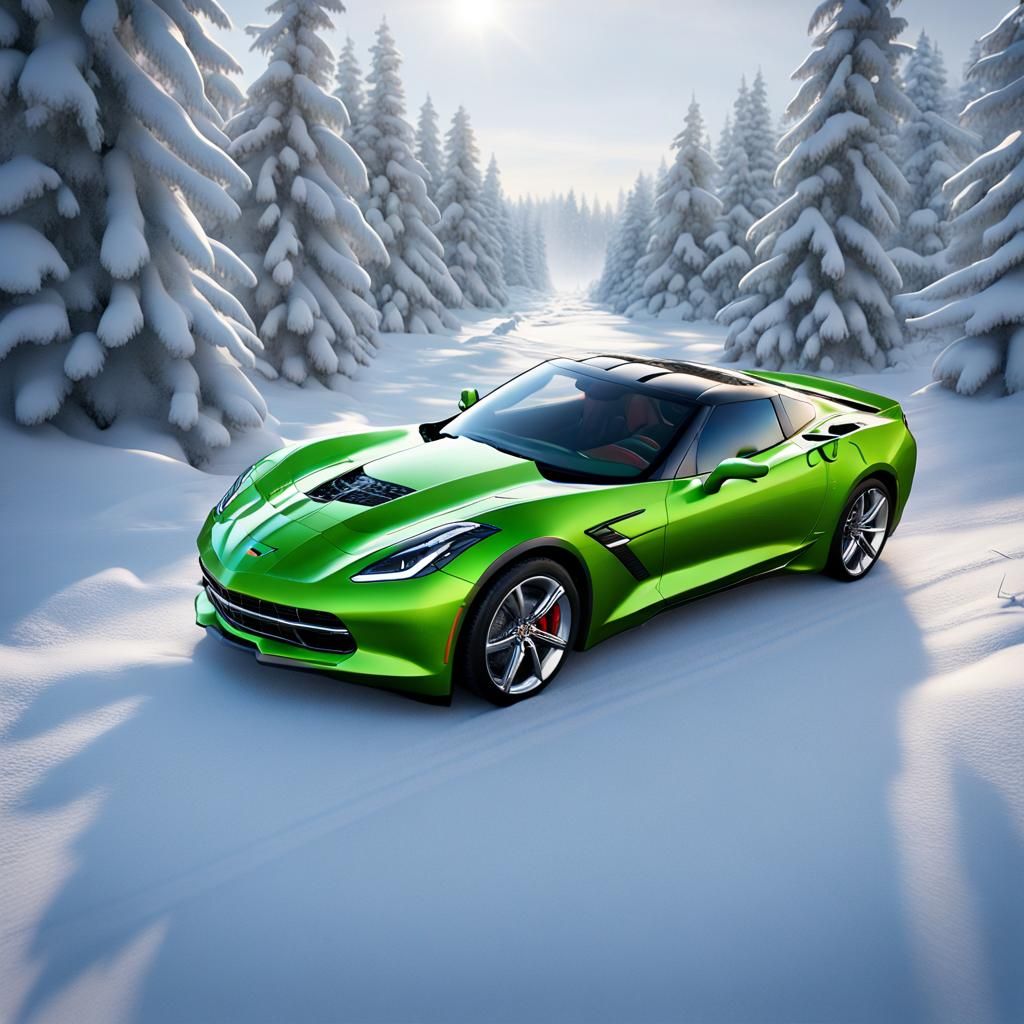 The Grinch Drives a Corvette on Snowy Road