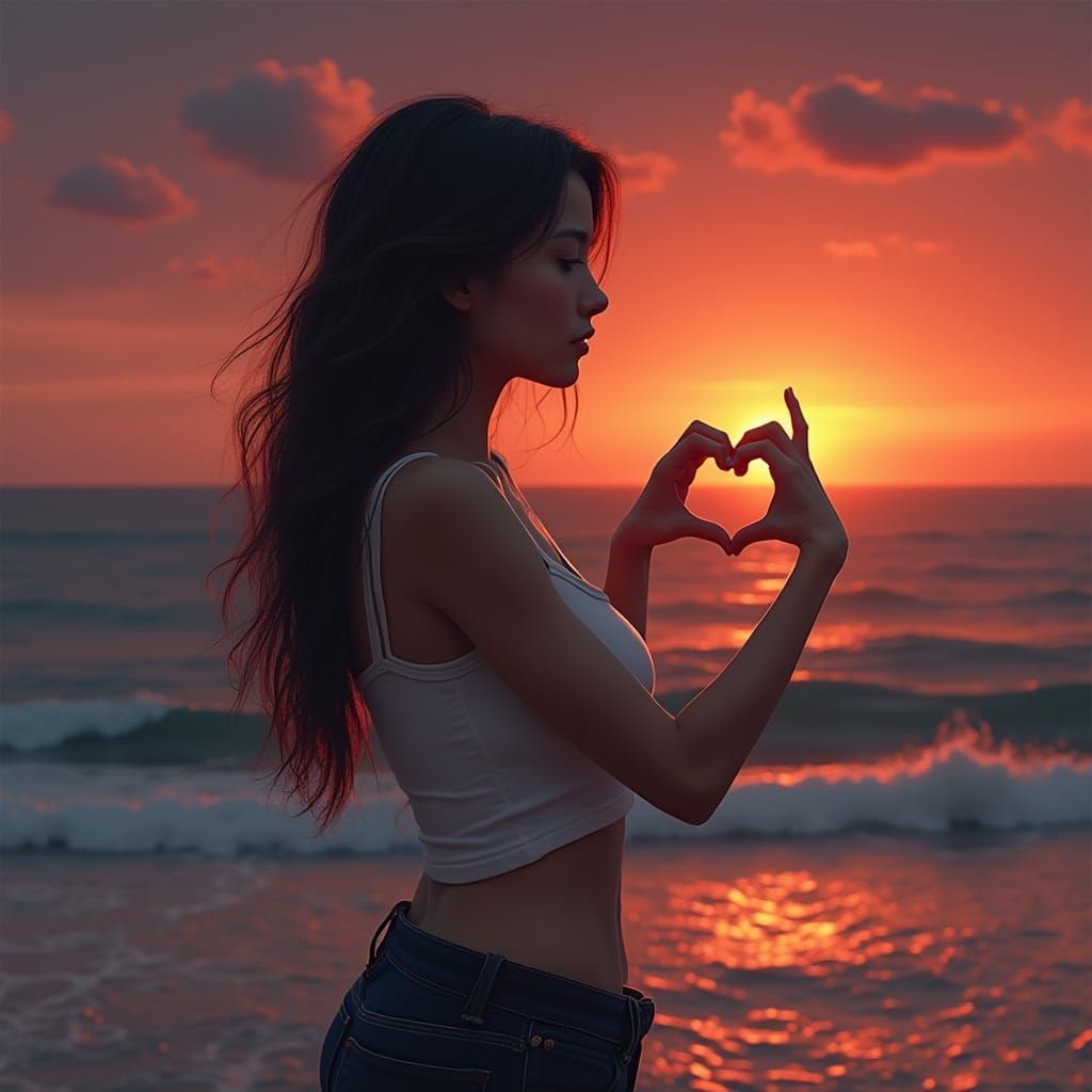 Girl with Heart Hands at Sunset, Hyperrealistic Digital Art