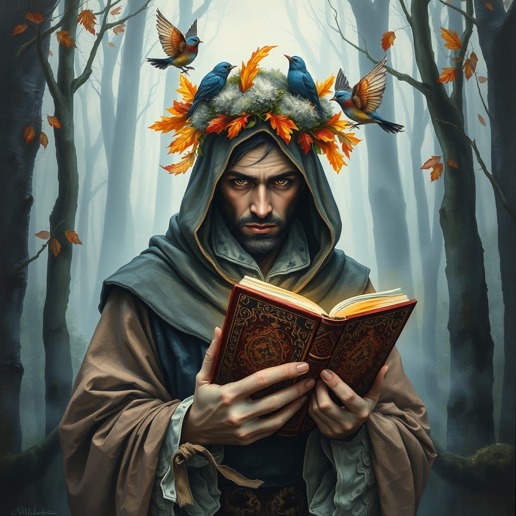 Mysterious Figure in Misty Forest, Gouache and Watercolor