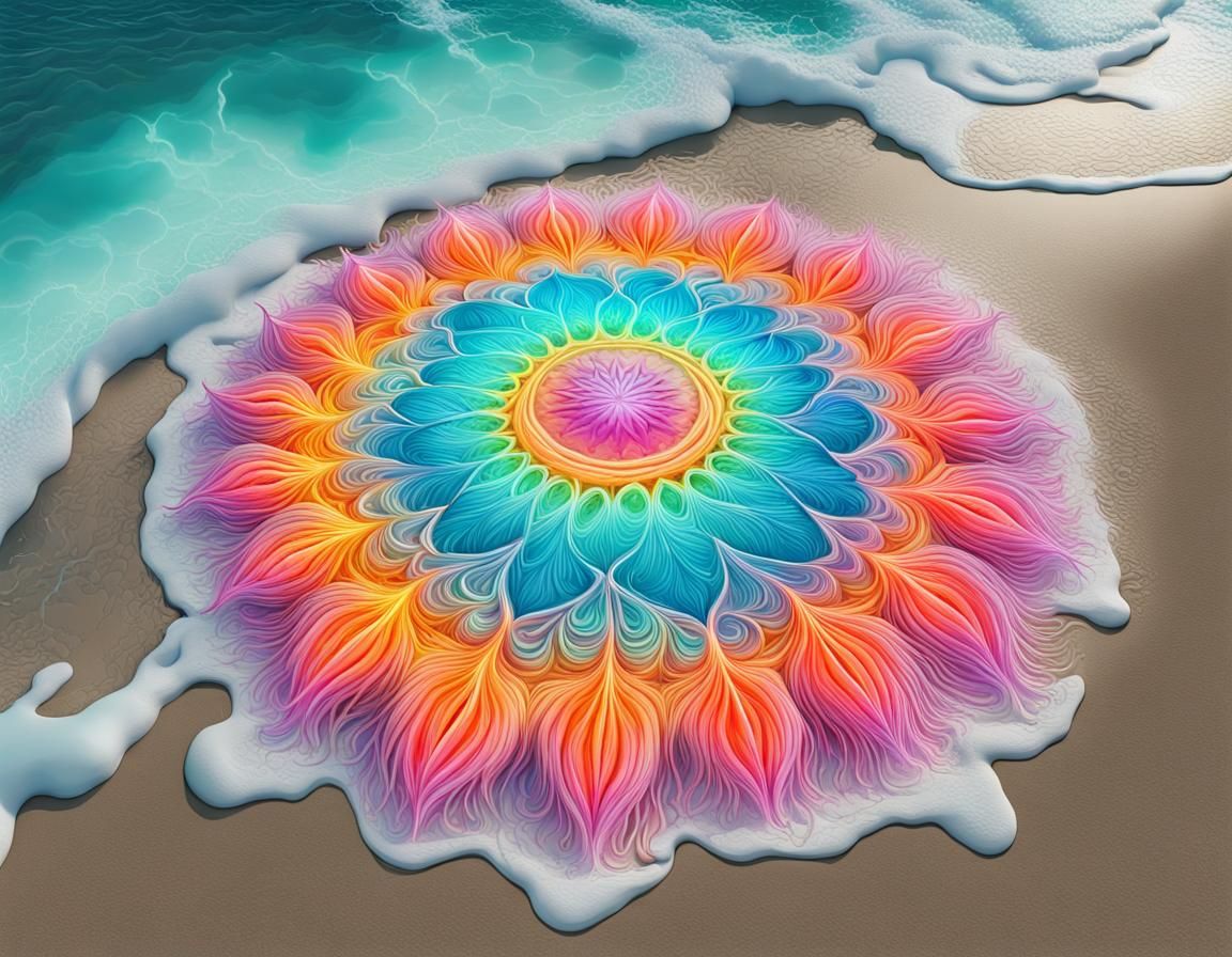 Neon Sphere Mandala on Tropical Beach