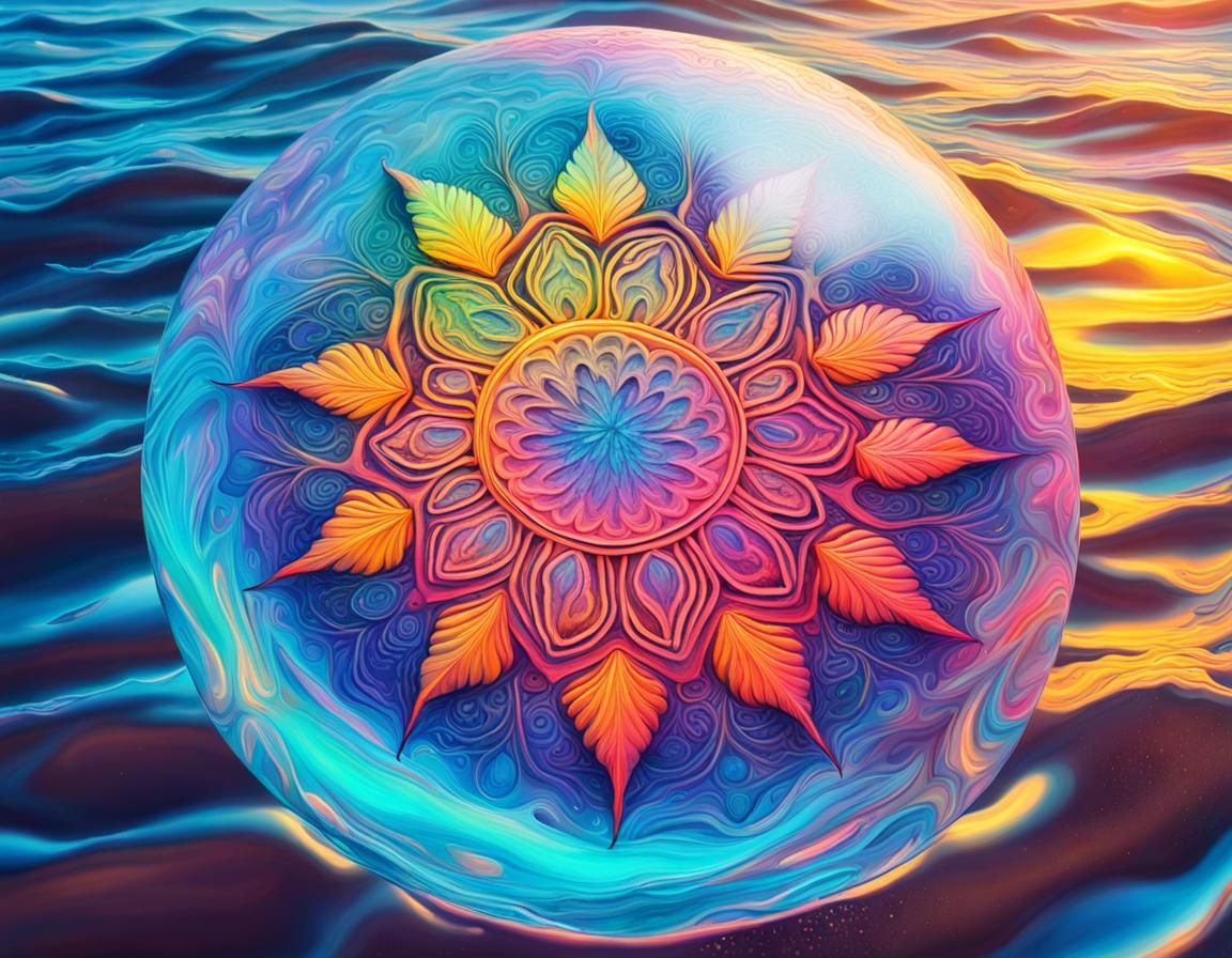 Neon Mandala on Tropical Beach, Digital Art