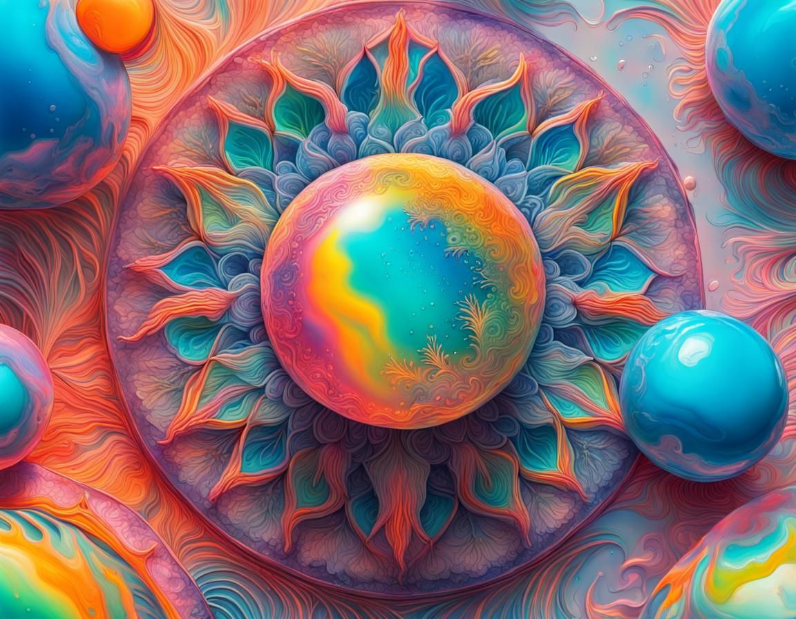 Neon Mandala Sphere on Tropical Beach, Fluid Gouache