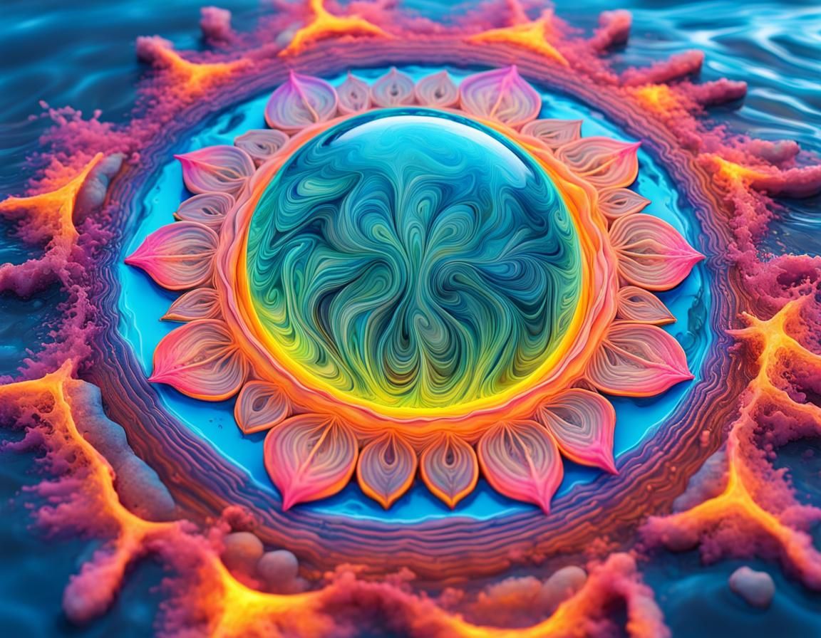 Neon Mandala on Tropical Beach, Fluid Gouache Art