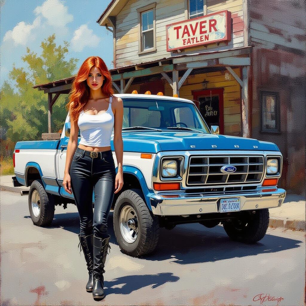 Woman with Red Hair Beside Vintage Ford, Impressionistic Oil