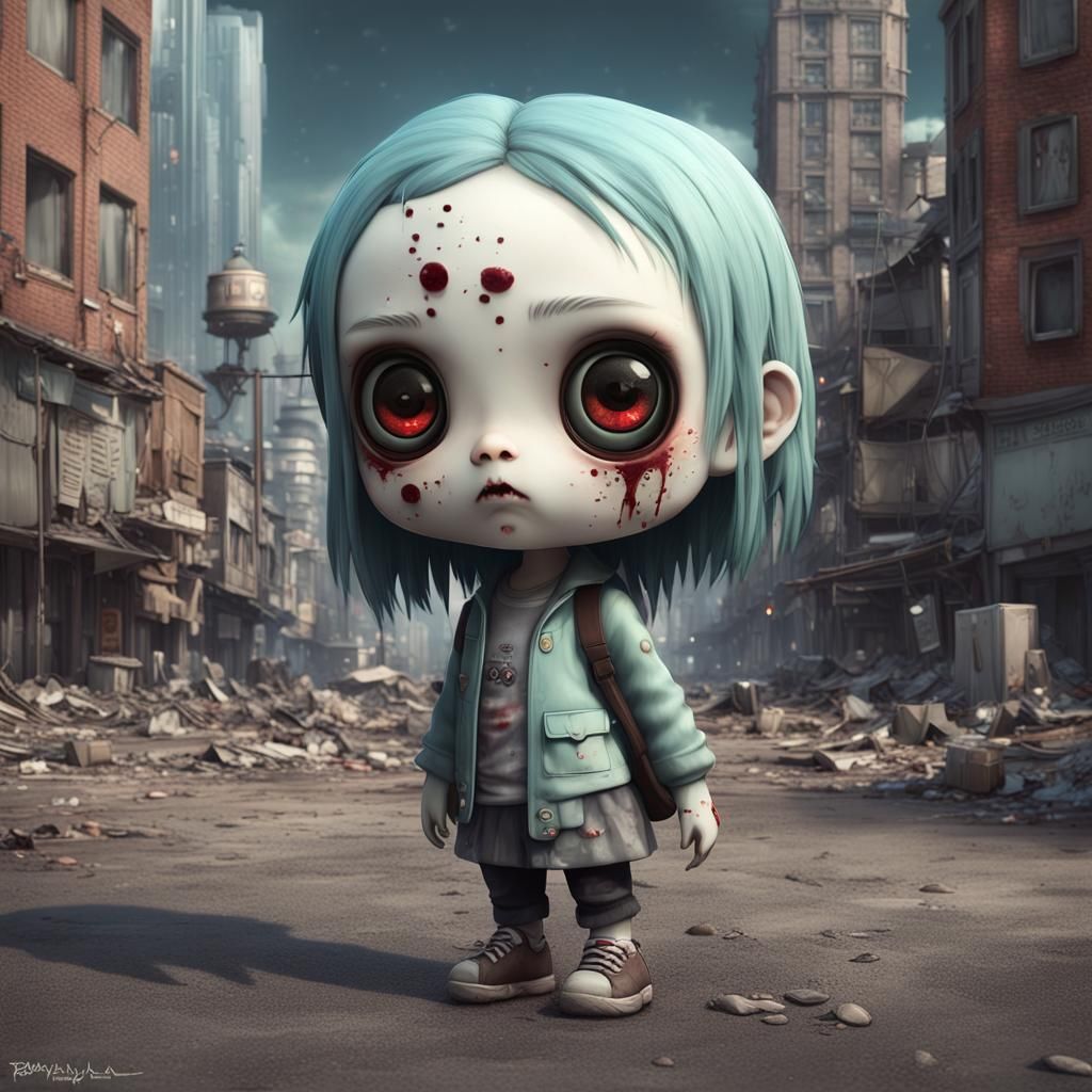 Adorable Zombie in Dystopian City: 3D Rendered Art