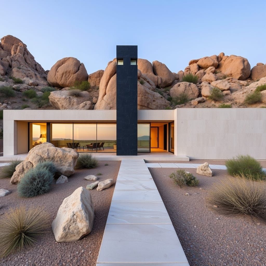 Sleek Modern Desert Home with Glass Façade and Black Rock Ch...