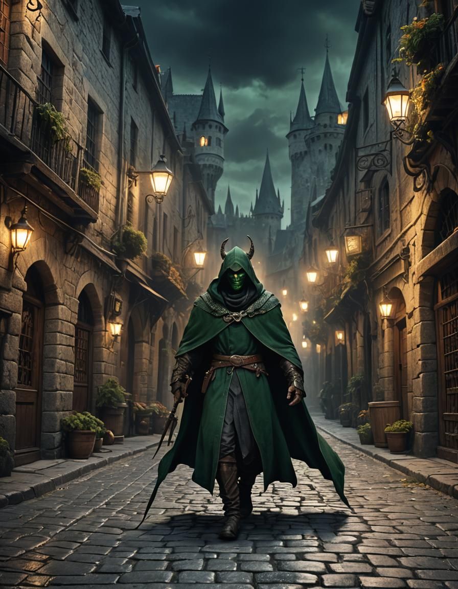 Dragon Assassin in Medieval Street, Fantasy Art