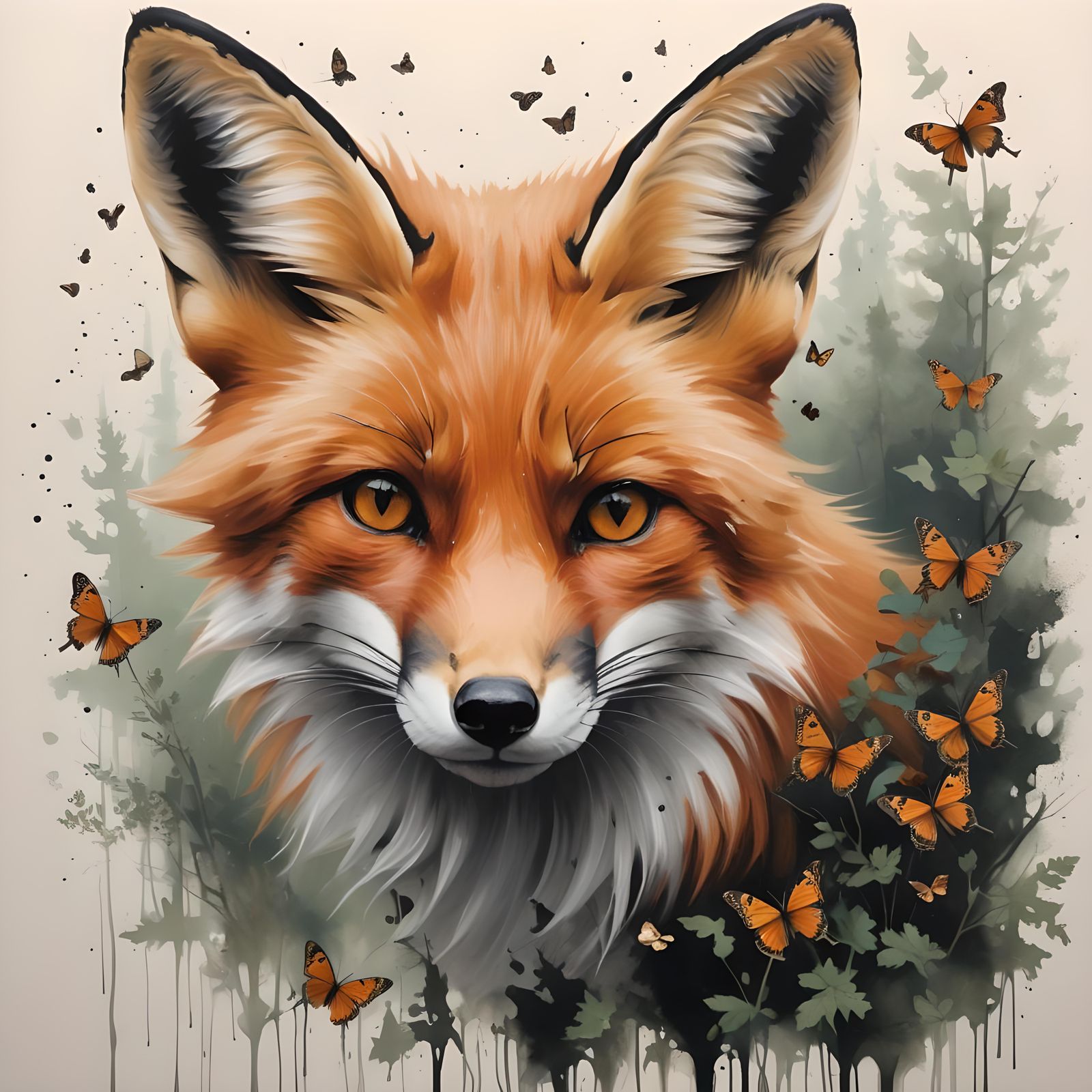 Hyperrealistic Fox Painting with Butterflies