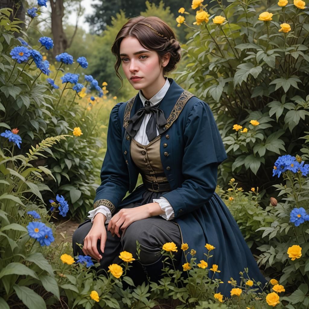 Victorian Girl Crouching in Bushes, Raven Style