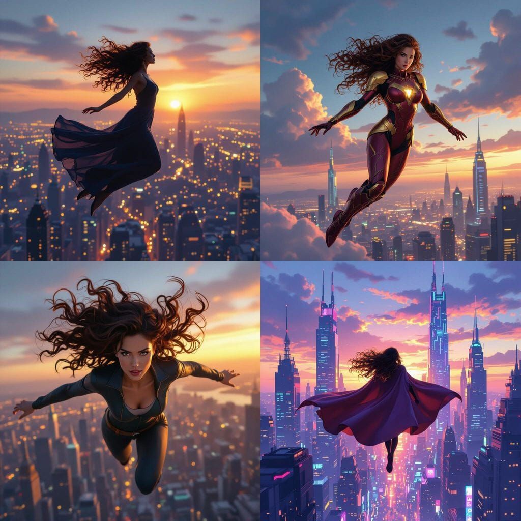 Hero Woman With Curly Hair Flying Over Cityscape