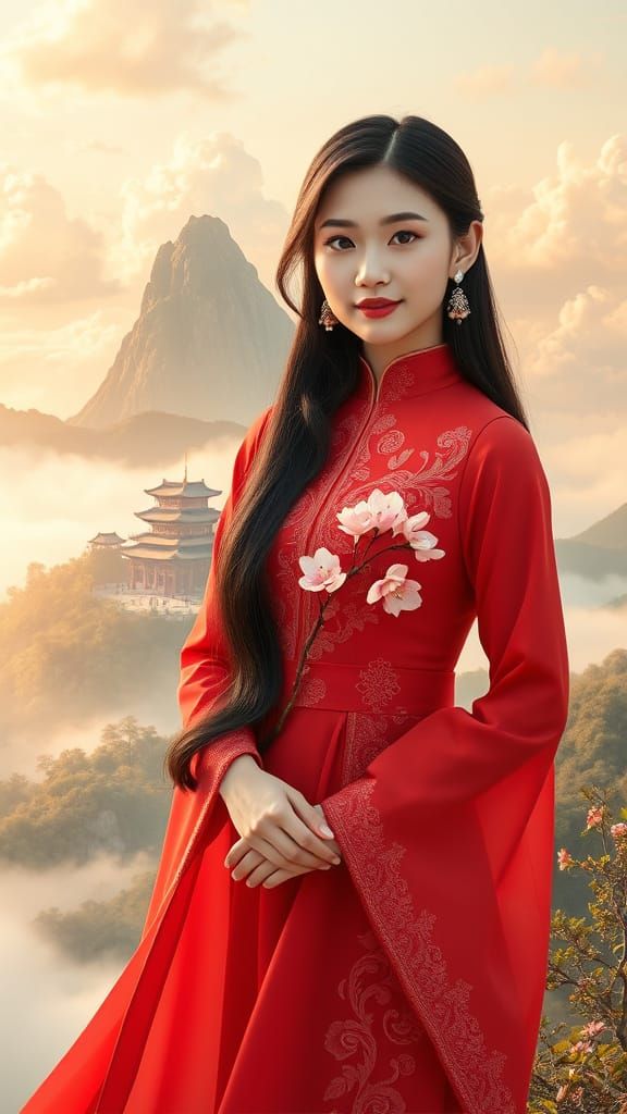 Ethereal Vietnamese Beauty in a Dreamlike Fantasy Landscape