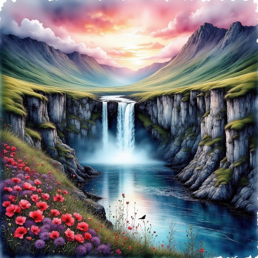 Dramatic Norway Waterfall Landscape in Watercolour Style