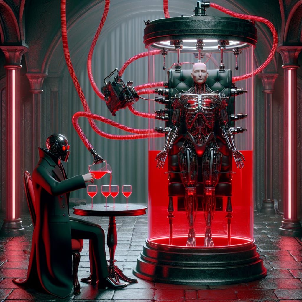 Cyberpunk Vampire in Gothic Castle with Robot Waiter