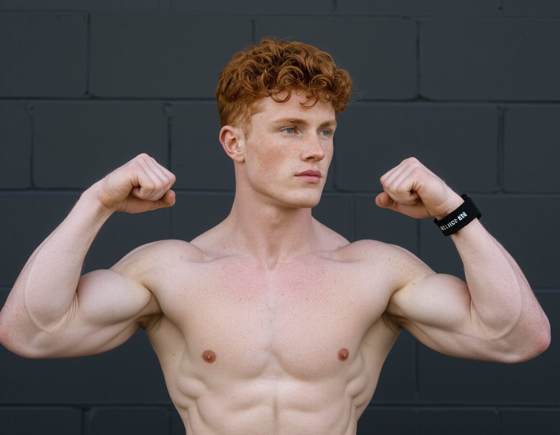Muscular Redhead Flexing Biceps in a Realistic Photograph