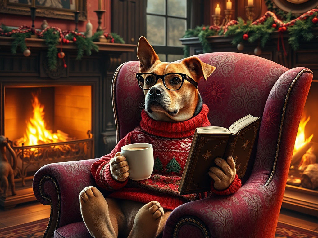 Dog Reading by Fireplace in Victorian Interior