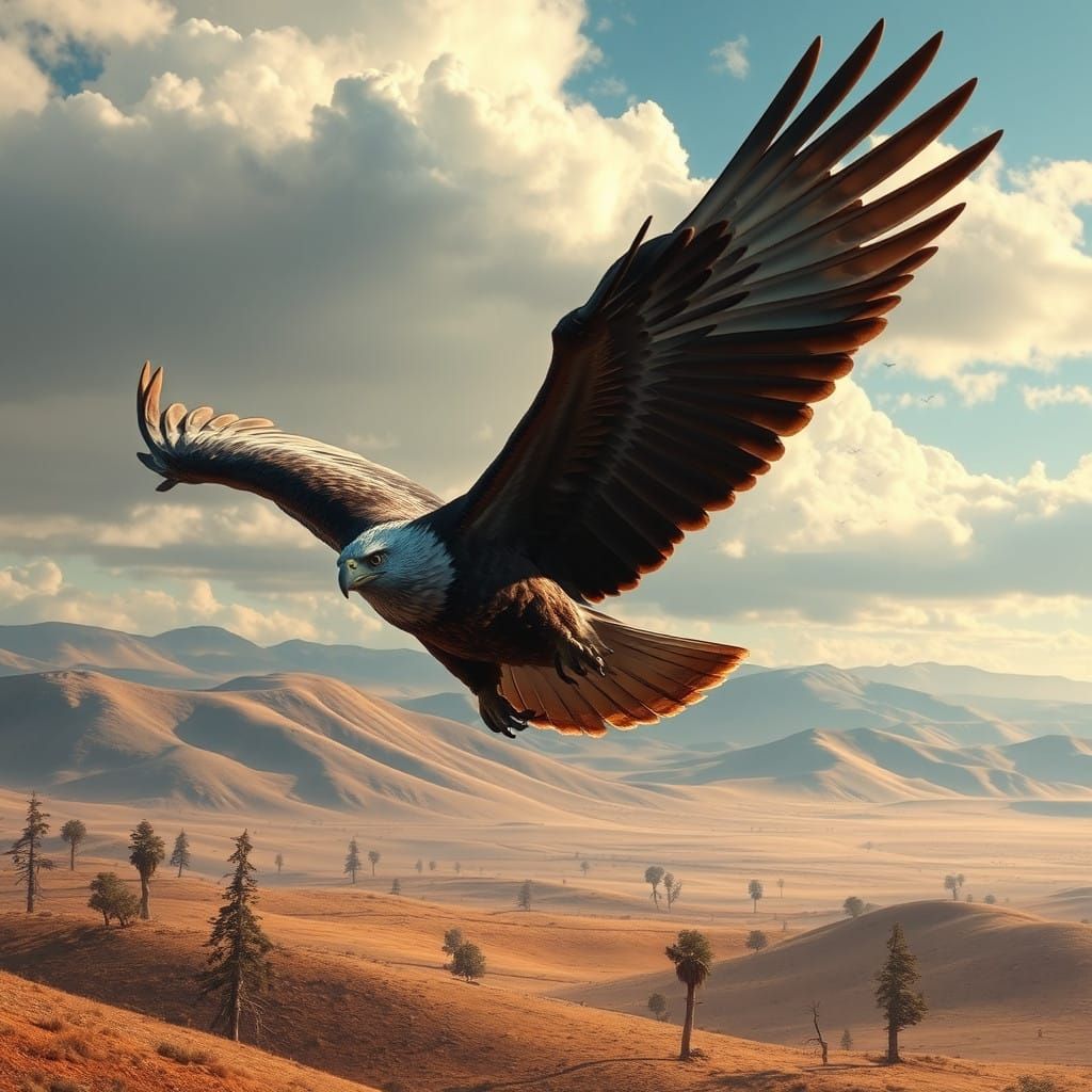 Eagle Soars Over Serene Flatlands in Realistic Splendor