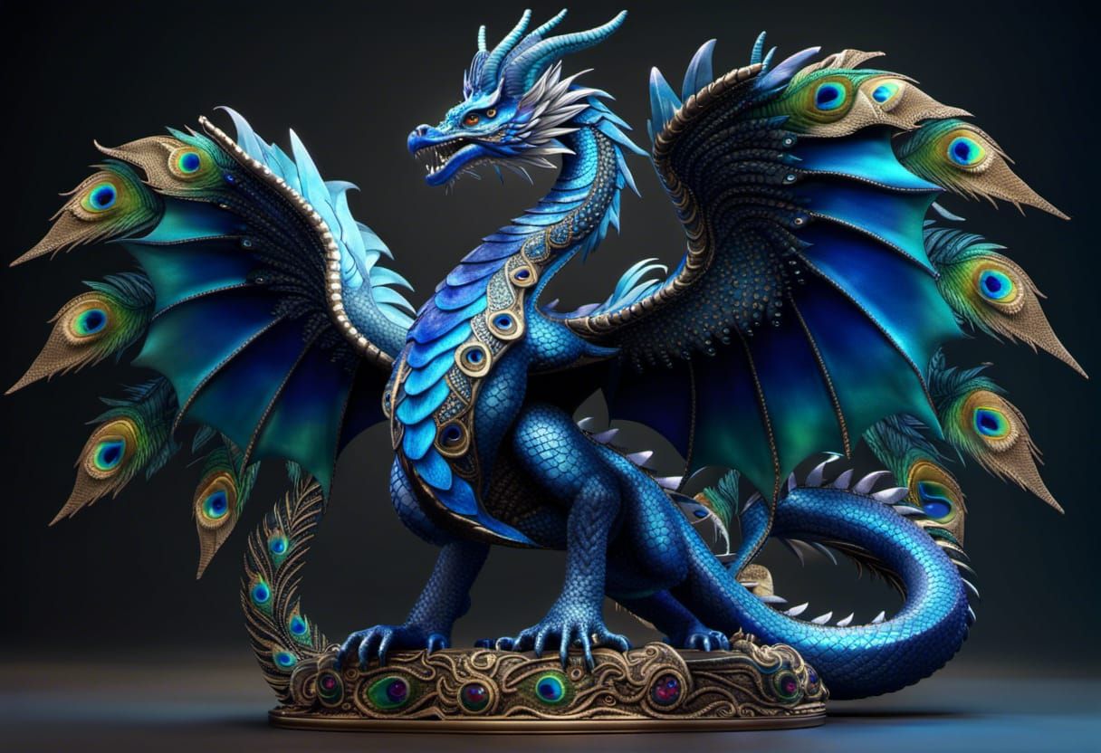 Bejeweled Blue Dragon with Peacock Feathers