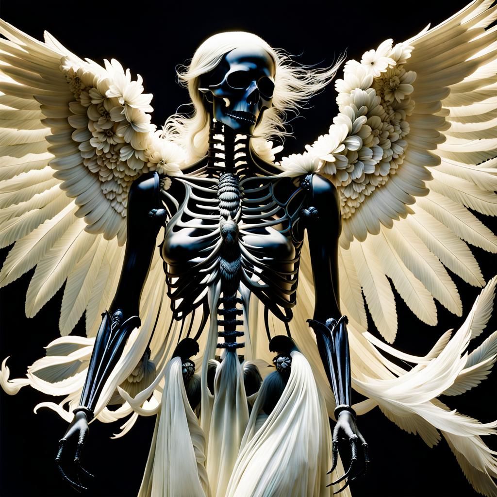 Infrared photography, Skeletal angel of death, apparition, luminous silk, wings of light , bone angel ,psychopomp , crow...