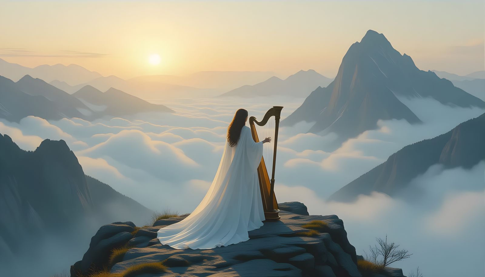 Zen Harpist Contemplates Mountain Vista